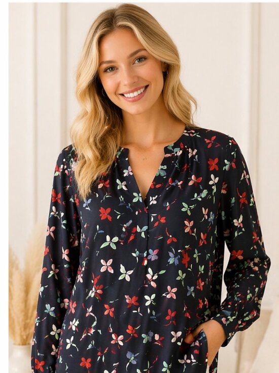 Ann Taylor Tops - Ann Taylor Floral Split Neck Blouse XL Navy Long Sleeve